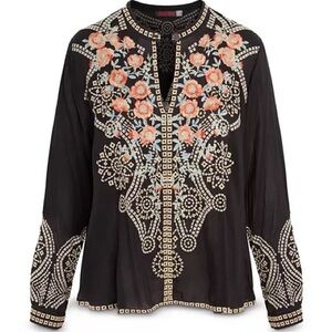Johnny Was Embellished Black Floral Embroidered Button Front Blouse